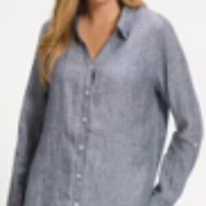 Ulla Popken Women's Roll-Tab Sleeve Button Front Grey Linen Blouse Size 20/22